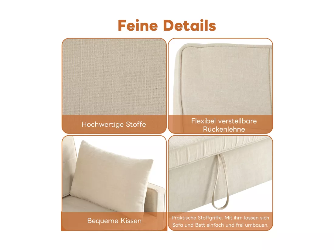 Canapé convertible 2 places, Canapé-lit pliant en tissu chenille - 142 x 79/174 x 85 cm - avec fonction sommeil et dossier réglable - Beige