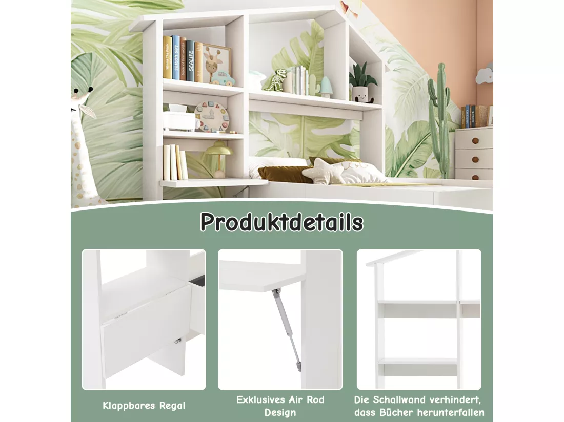 Lit enfant 90 x 200 cm avec étagères de rangement et bureau - Bois massif et MDF - Blanc (sans matelas)