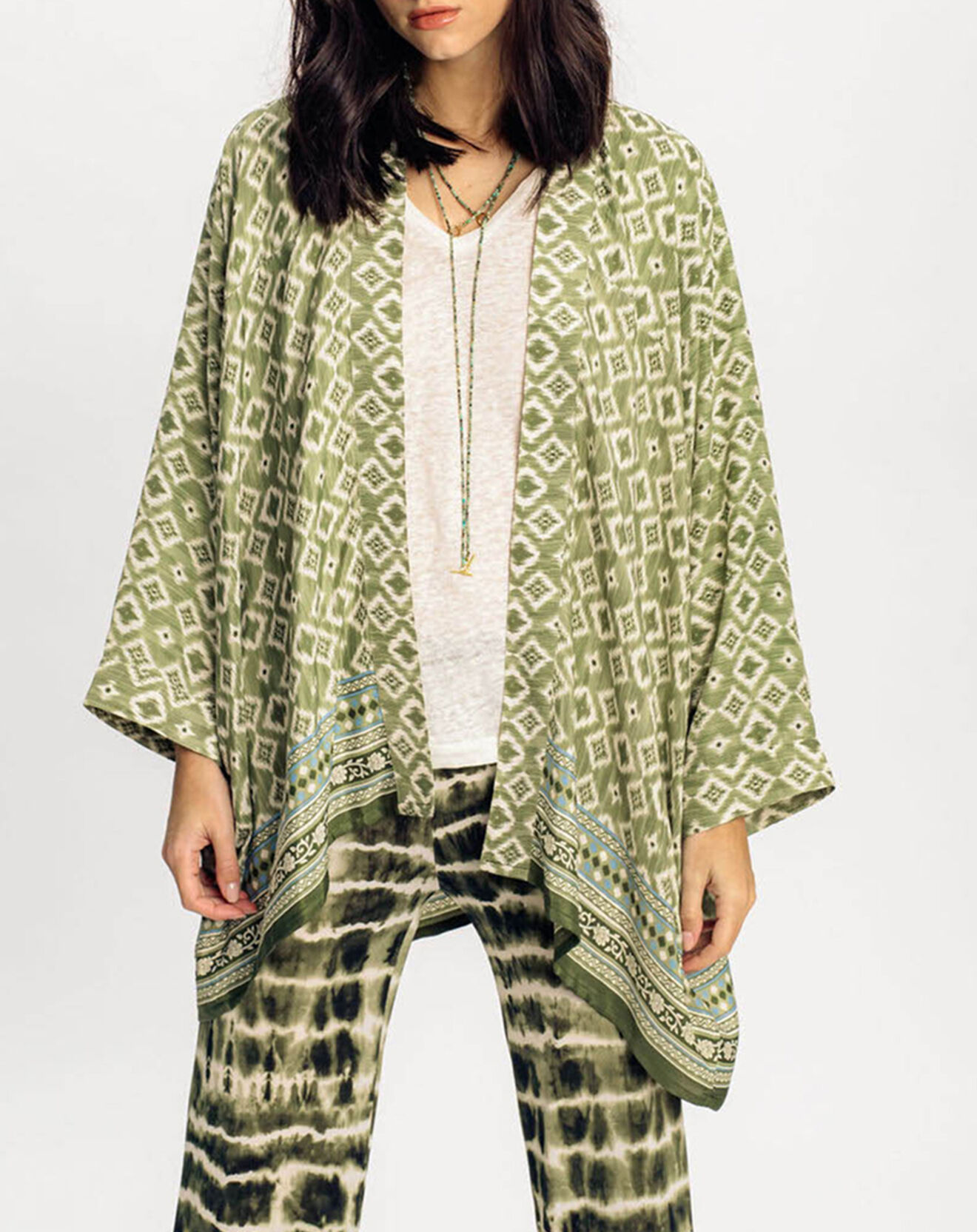 Lauren Vidal Kimono en Soie mélangée Sasha imprimé vert