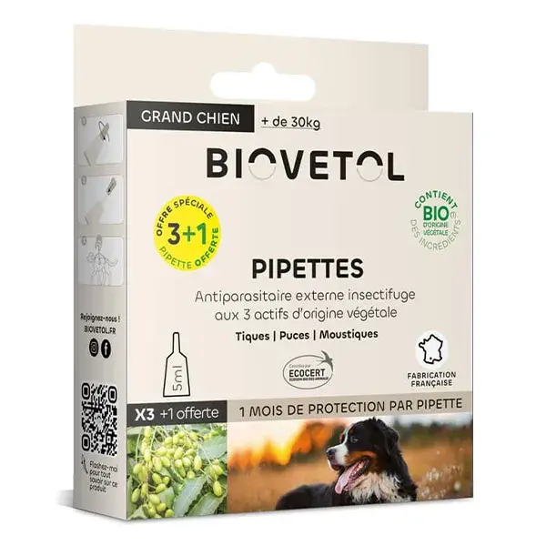 Biovetol - Antiparasitaire - Pipettes Grand Chien Bio - 5ml (x3+1)