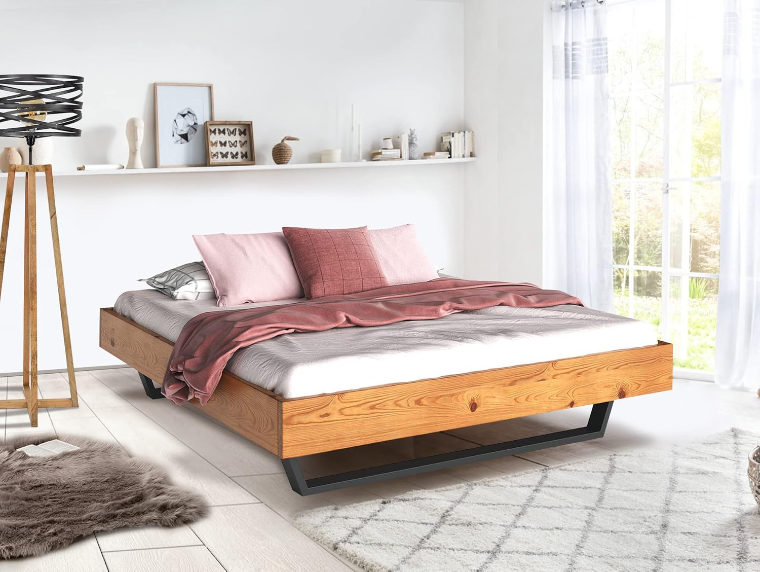 moebel-eins CURBY Kufenbett ohne Kopfteil, Material Massivholz, rustikale Altholzoptik, Fichte, Kufen schwarz, 160 x 220 cm, Natur