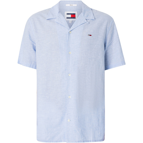Tommy Jeans - Camisa Camp De Manga Corta En Mezcla De Lino Azul