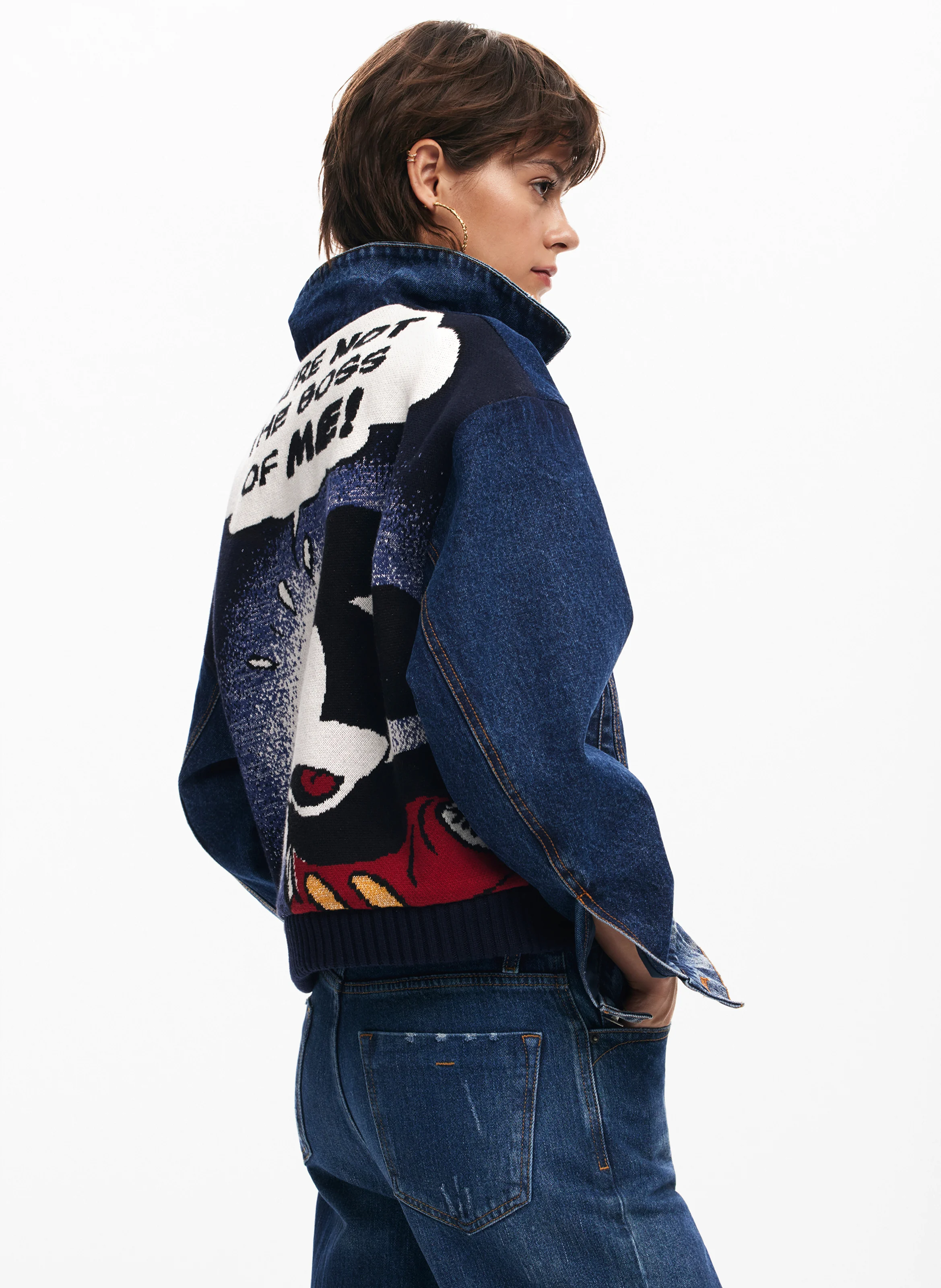 Veste col classique en denim de coton mélangé | Bleu