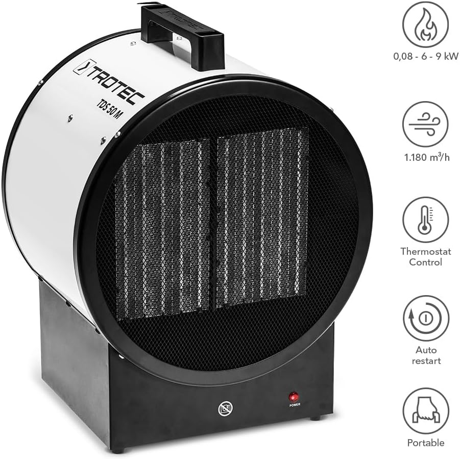 TROTEC Bauheizer elektrisch TDS 50 M – Heizleistung 0,08 kW / 6 kW / 9 kW – Elektroheizer Luftmenge 1180 m³/h – Heizlüfter mit Thermostat, Keramik