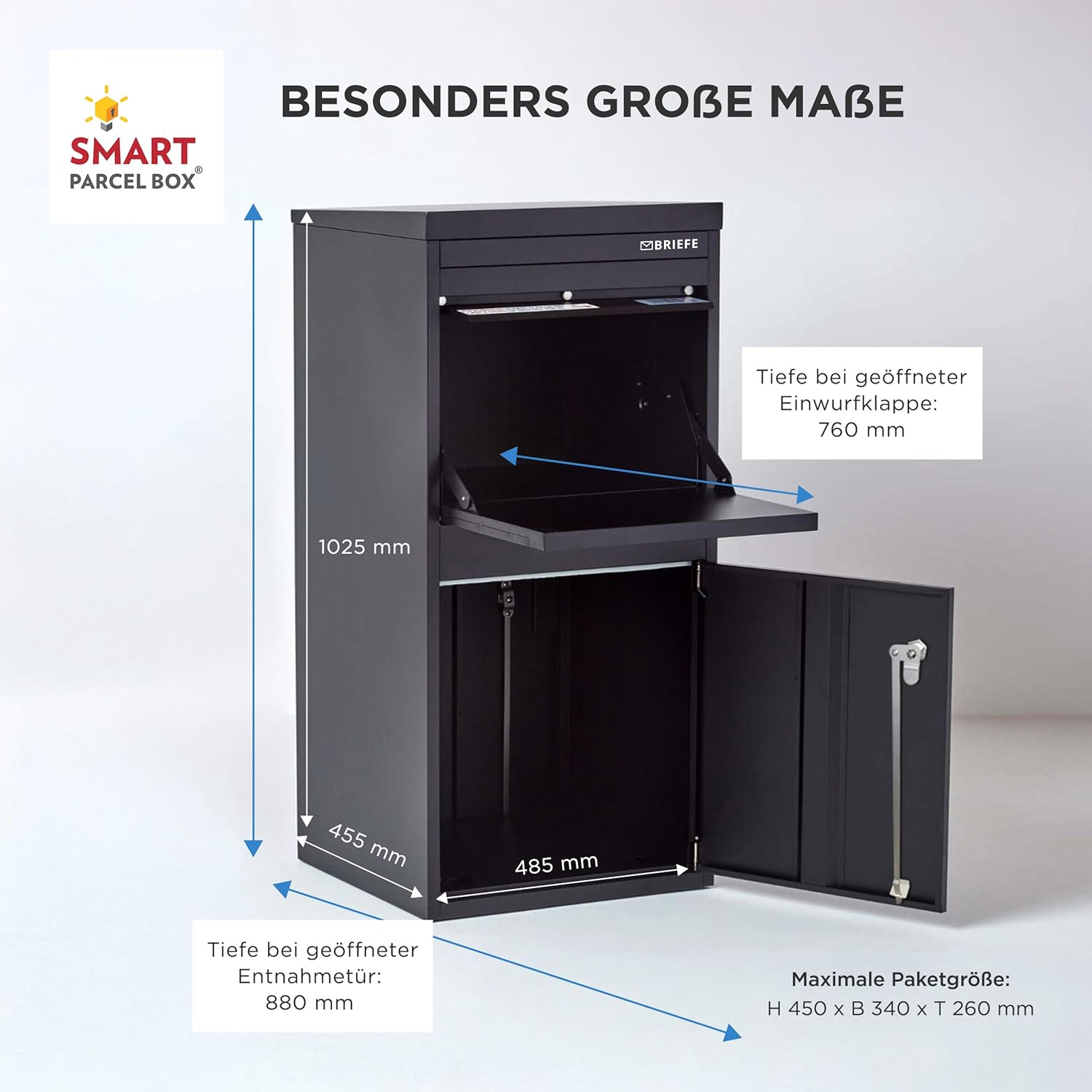 SMART PARCEL BOX XXL Paketbox für draußen, Paketbriefkasten zum Einbauen, zur Wandmontage oder freistehend, Entnahme hinten & vorne, rostfreier Stahl, schwarz
