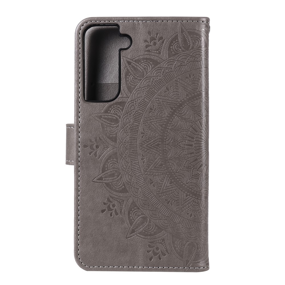 Samsung Galaxy S21 5G Leder Tasche Wallet - Mandala Flowers Imprint - Grau