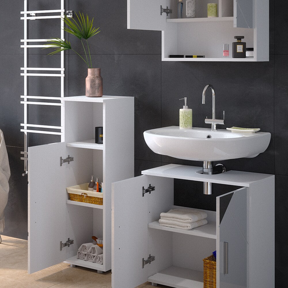 Vicco Badmöbelset mit Dekospiegeln Irma Weiß Hochglanz modern Badezimmerschrank Badschrank Badezimmermöbel Waschtischunterschrank Spiegelschrank Midischrank Schranktür Schrankfach Schrankschublade