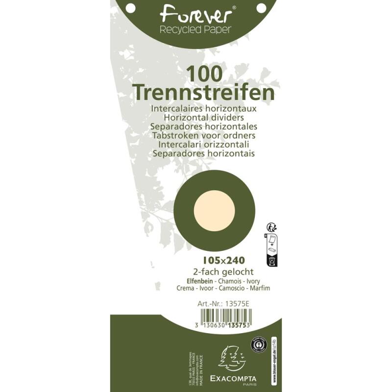 Paquet 100 fiches intercalaires trapézoïdales unies perforées Forever - 105x240mm