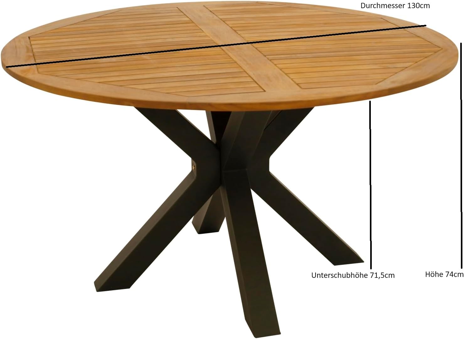 DEGAMO Gartengarnitur Madeira 5-teilig, 4X Stapelsessel anthrazit und 1x Gartentisch Metall mit Tischplatte Akazie 130cm rund, Outdoor