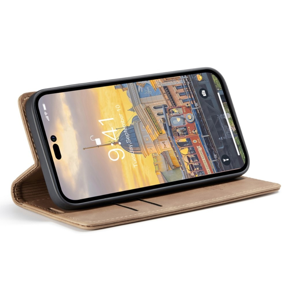 iPhone 14 Pro Leder Tasche Flip Wallet Etui mit Kartenfächern - Hellbraun