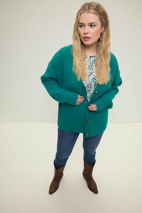 Strickjacke, oversized, Patentstrick, V-Ausschnitt, Langarm