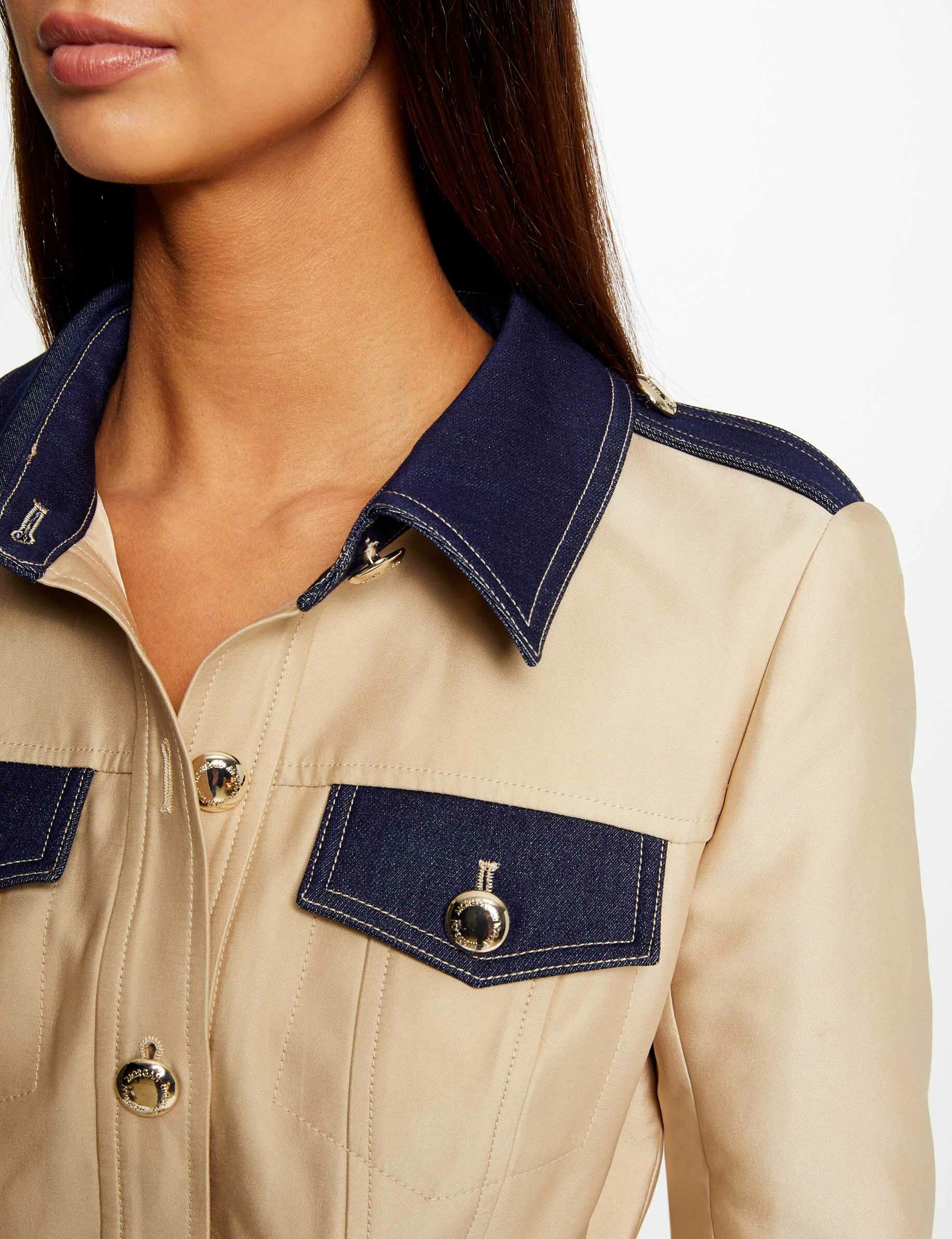 Trench long évasé ceinturé détails denim beige femme - beige