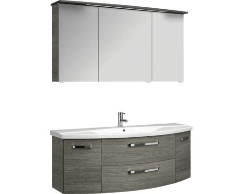 3-delige badkamermeubelset Pelipal xpressline 4010 BxHxD 144 x 200 x 49,5 cm, fronten in grafietstructuur (horizontaal patroon), met witte keramische wastafel en keramische badmeubel, wastafelkast, spiegelkast met LED-verlichting, chromen grepen, 401