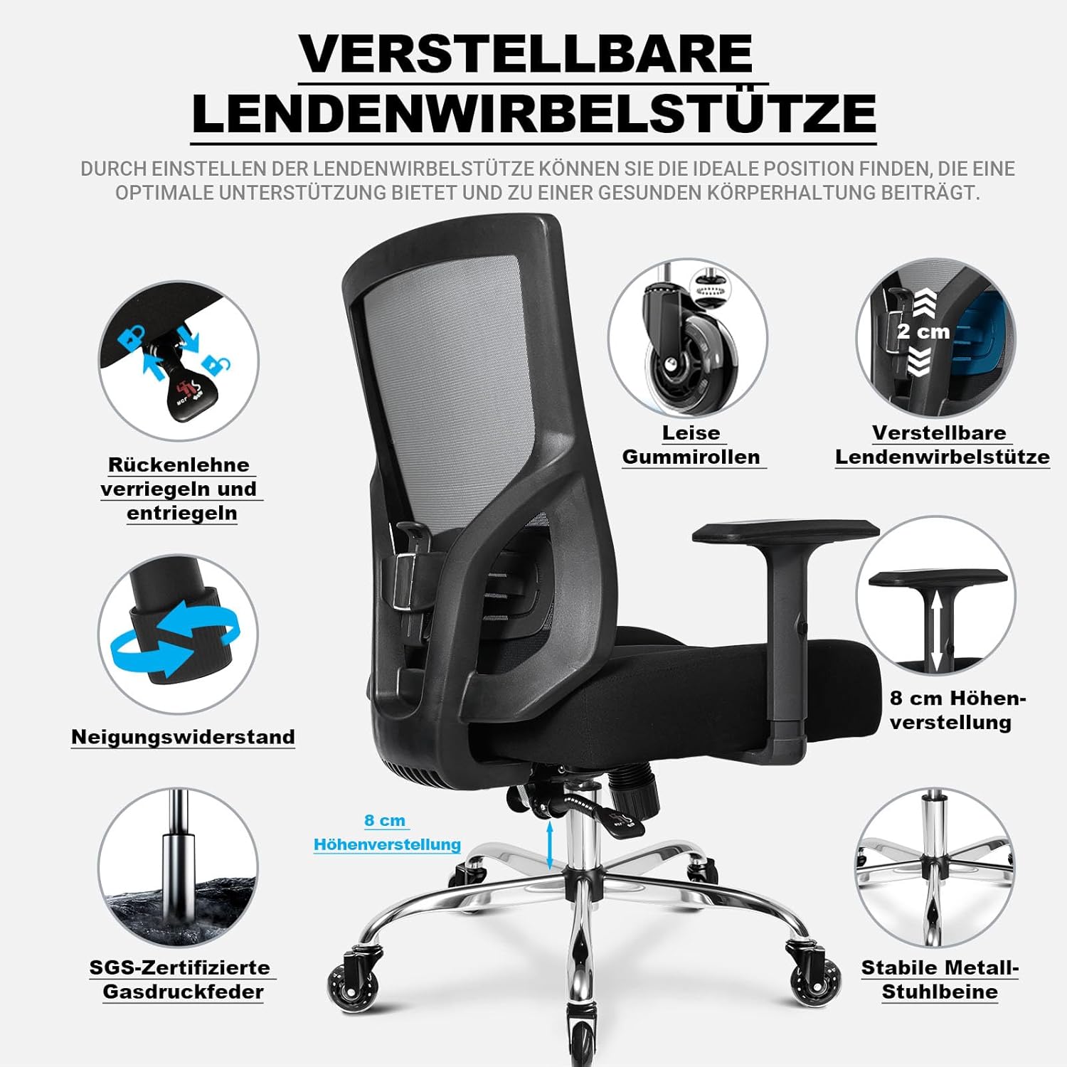 Bürostuhl 200KG XL, Breites Federkissen, Gummirollen, Ergonomischer Bürostuhl, Verstellbare Lendenwirbelstütze, Stufenlose Neigungsfunktion, Gaming, Schreibtischstuhl [Lendenkissen Inklusive]