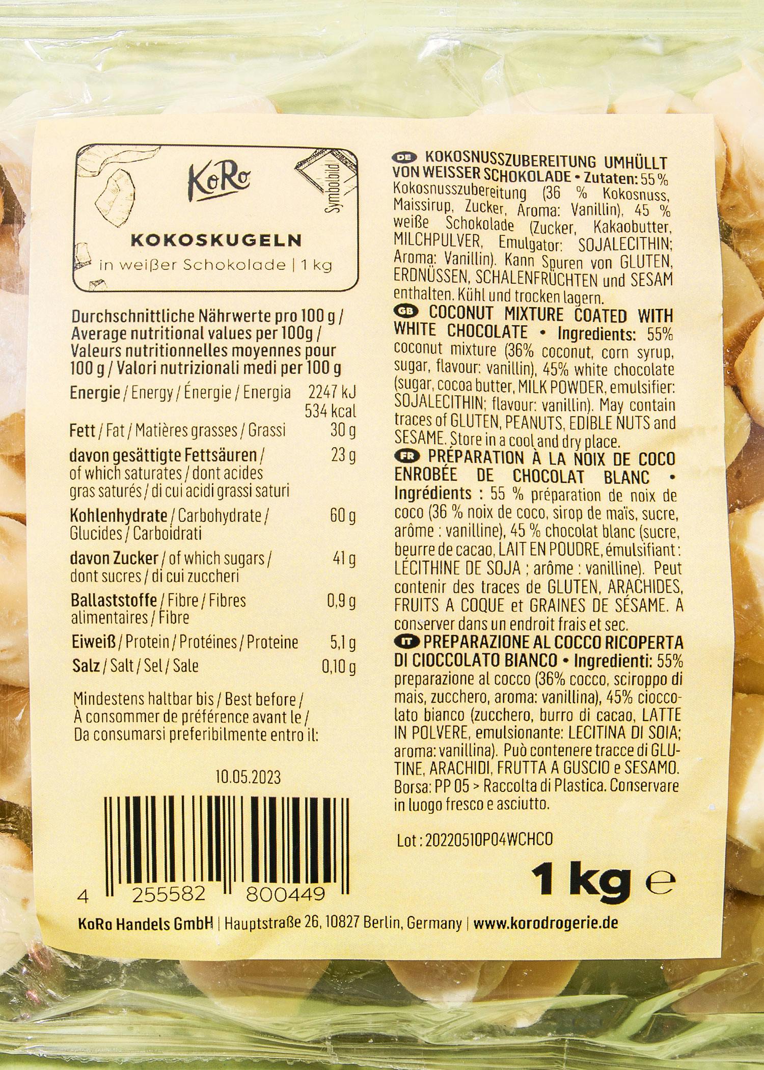 Kokoskugeln in weißer Schokolade 1 kg