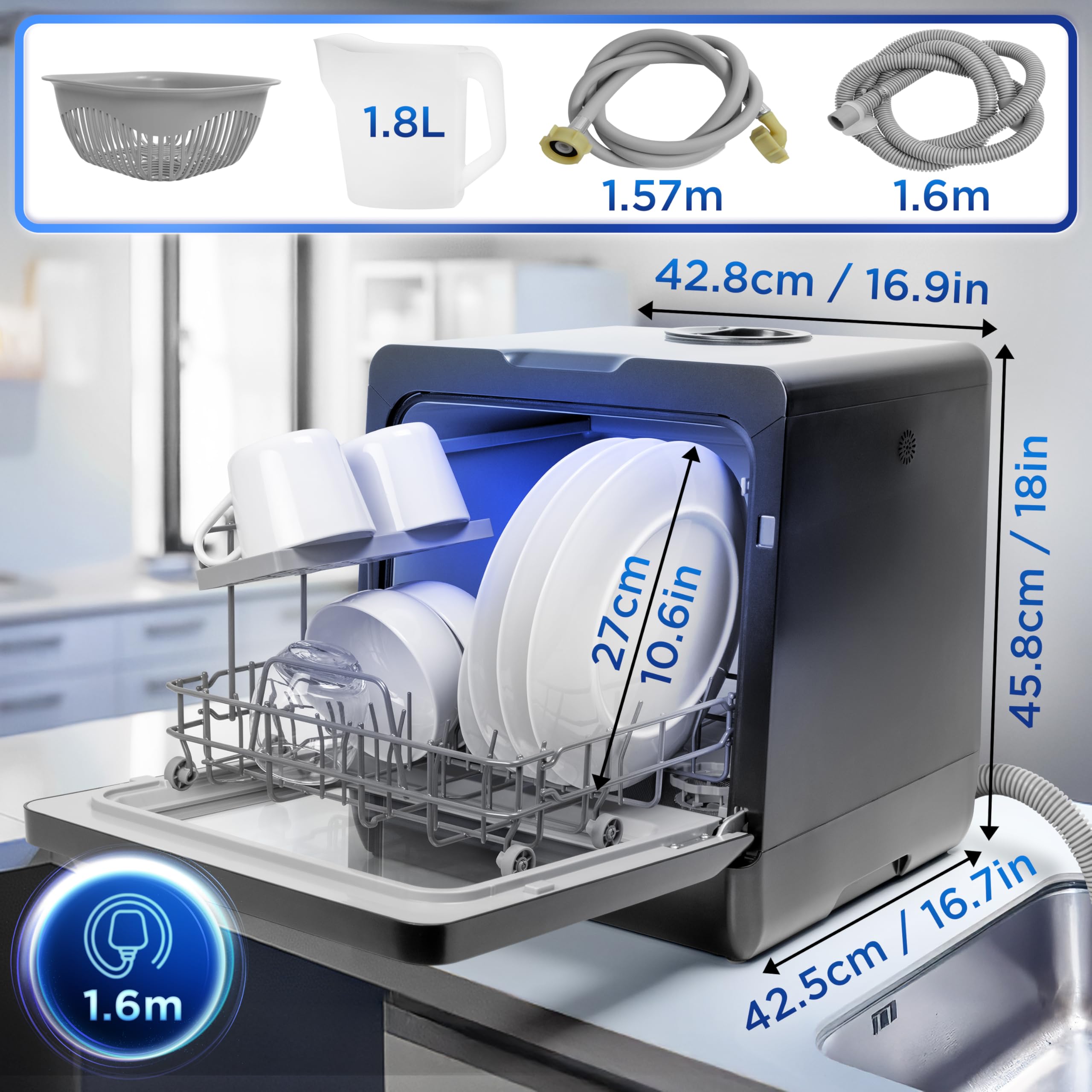 Duronic DW5 BK Lave-vaisselle de table 950W lave vaisselle posable portable compact gain de place pour petite cuisine 7 programmes de lavage séchage e