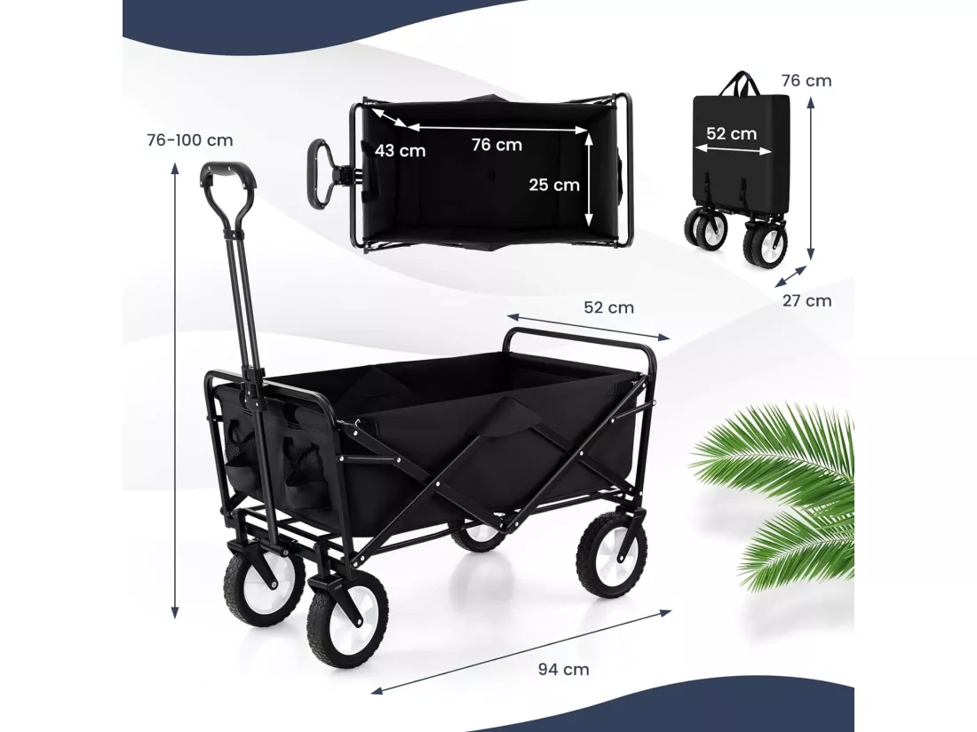 Chariot de Plage Pliable 82 L, Chariot de Transport avec Poignée Réglable et Porte-Boissons Charge 68 kg, Chariot Utilitaire Extérieur pour Jardin Camping Pêche (Noir)