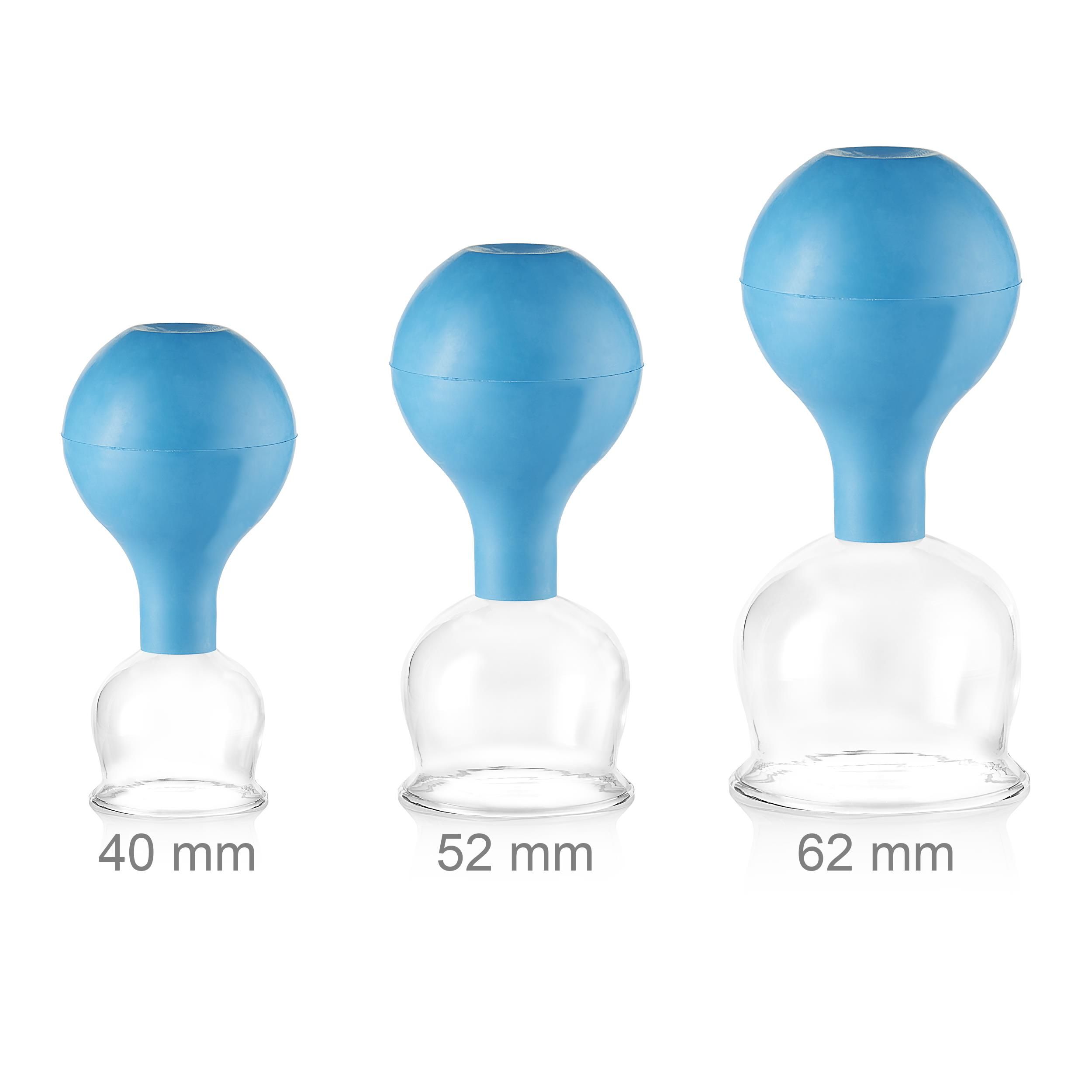 Pulox Schröpfgläser aus Echtglas mit Saugball - Set Trio groß in Blau: 40mm, 52mm, 62mm