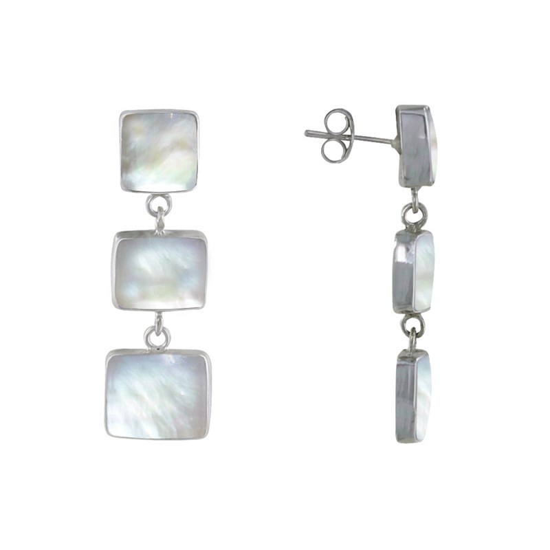 Boucles d'Oreilles Argent Un Carré et Deux Rectangles de Nacre