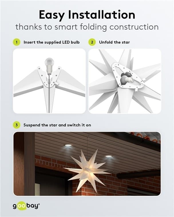 Goobay LED julestjerne 3D, Ø 56 cm, batteridrevet med timer og 18 spidser, varm hvid (3000 K), fremstillet af vejrbestandigt plast (IP44), 2 m kabel