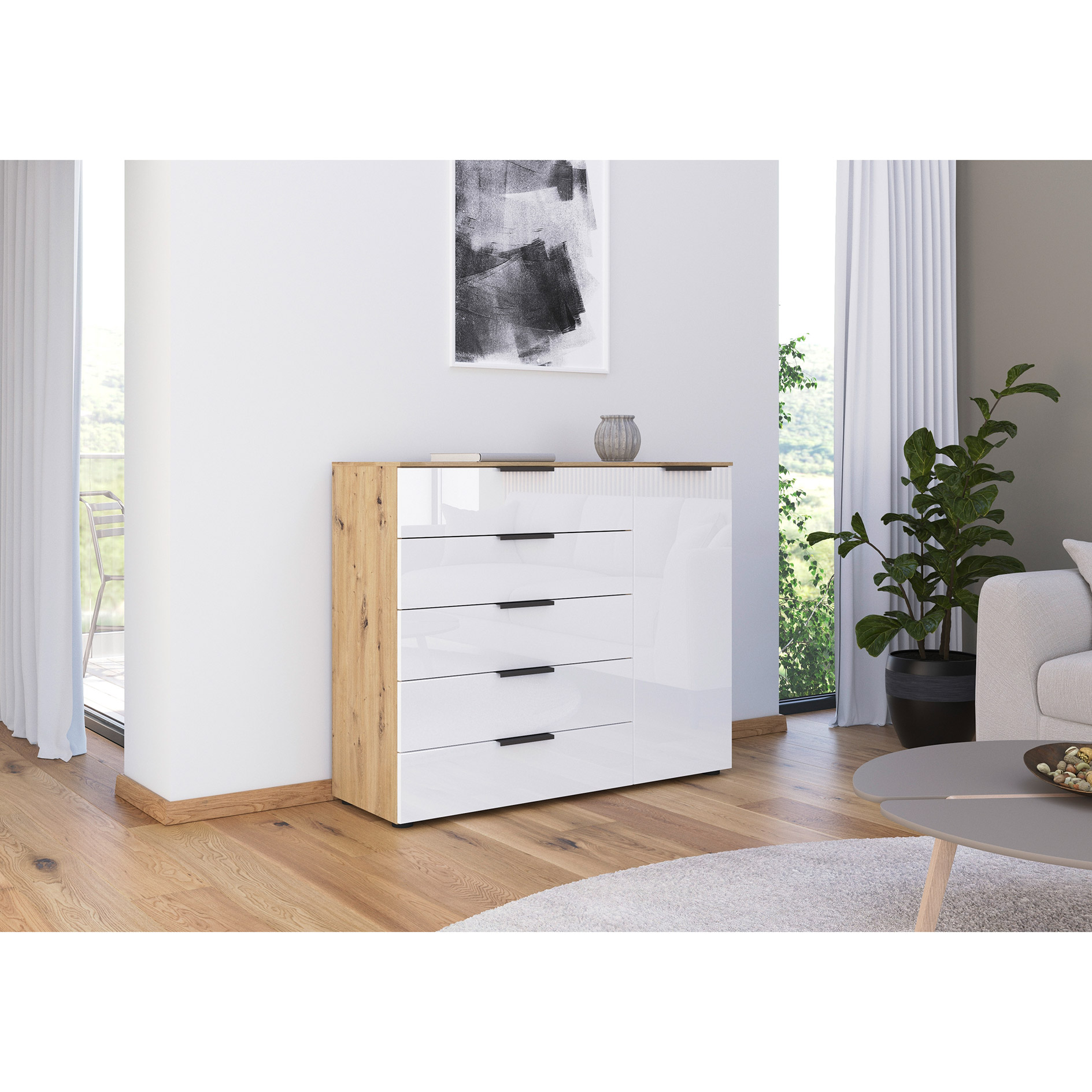 Kommode - Artisan Eiche-Kristallweißglas - Graphitgriffe - 120 cm