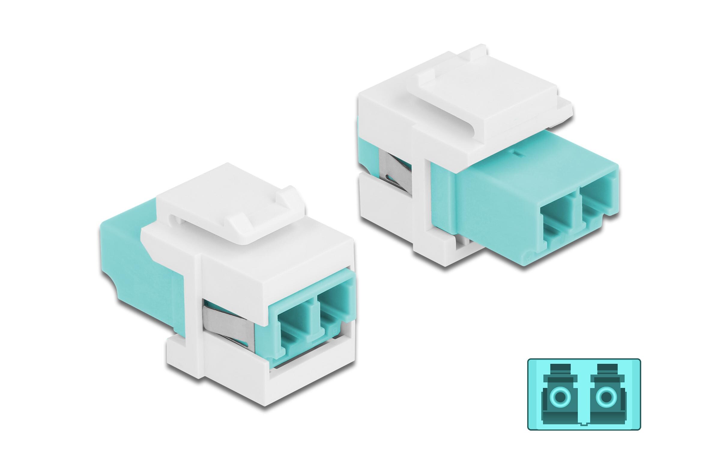 Keystone-Modul LC Buchse zu LC Buchse Aqua / WeissDelock Keystone Modul LC Duplex Buchse zu LC Duplex Buchse aqua / weiss