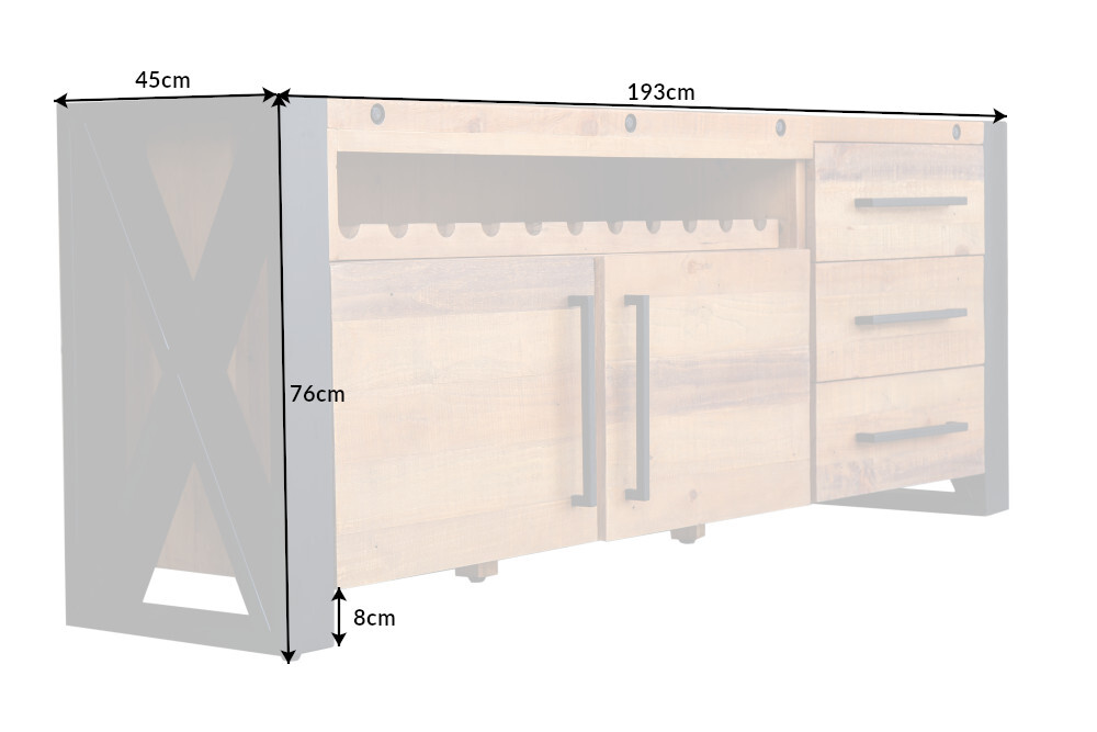 Massivholz Sideboard THOR 195cm braun Pinie mit Schubladen Weinregal Industrial Design
