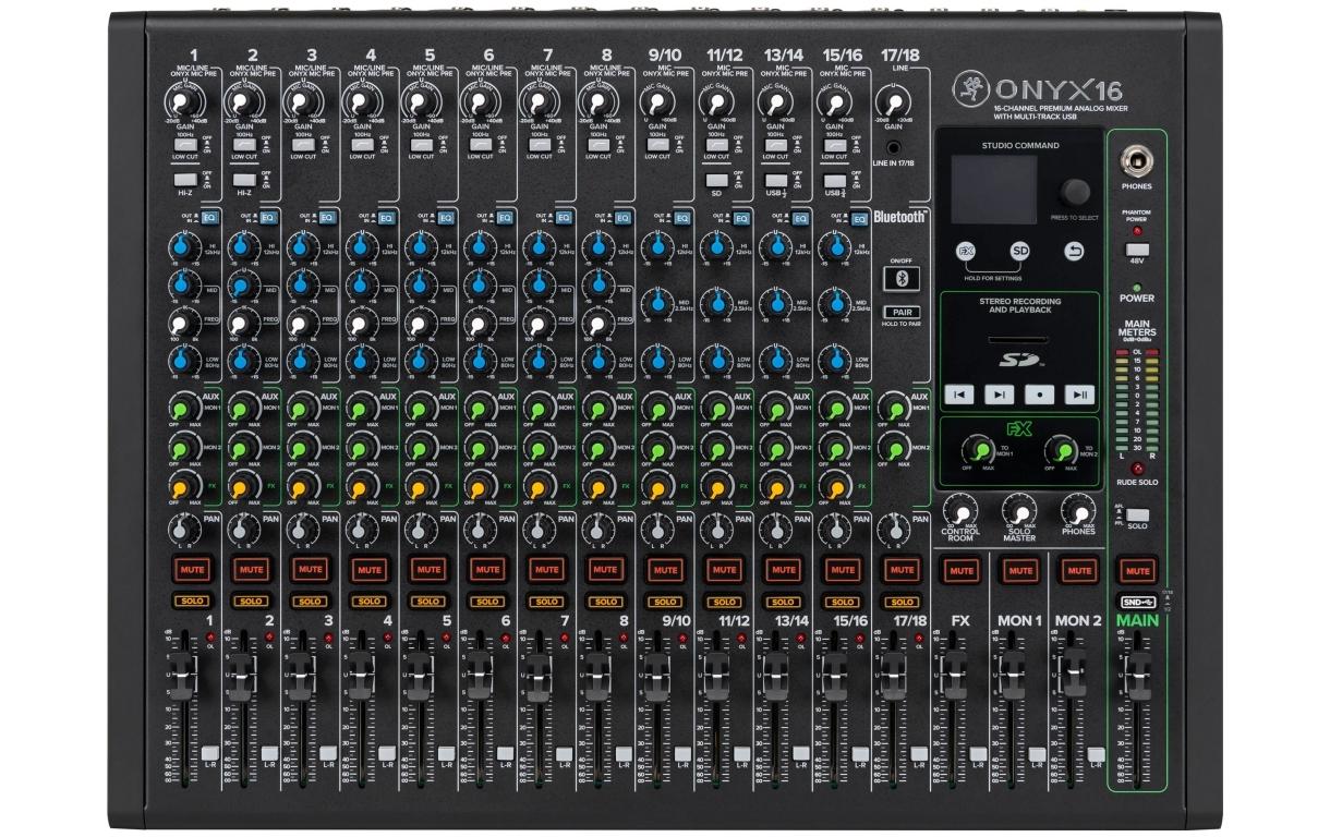 Mischpult ONYX16 18-Kanal<br>Analoges Mischpult mit USB-Multitrack-Recording, SD-Karte-Aufnahme/Wiedergabe und Bluetooth