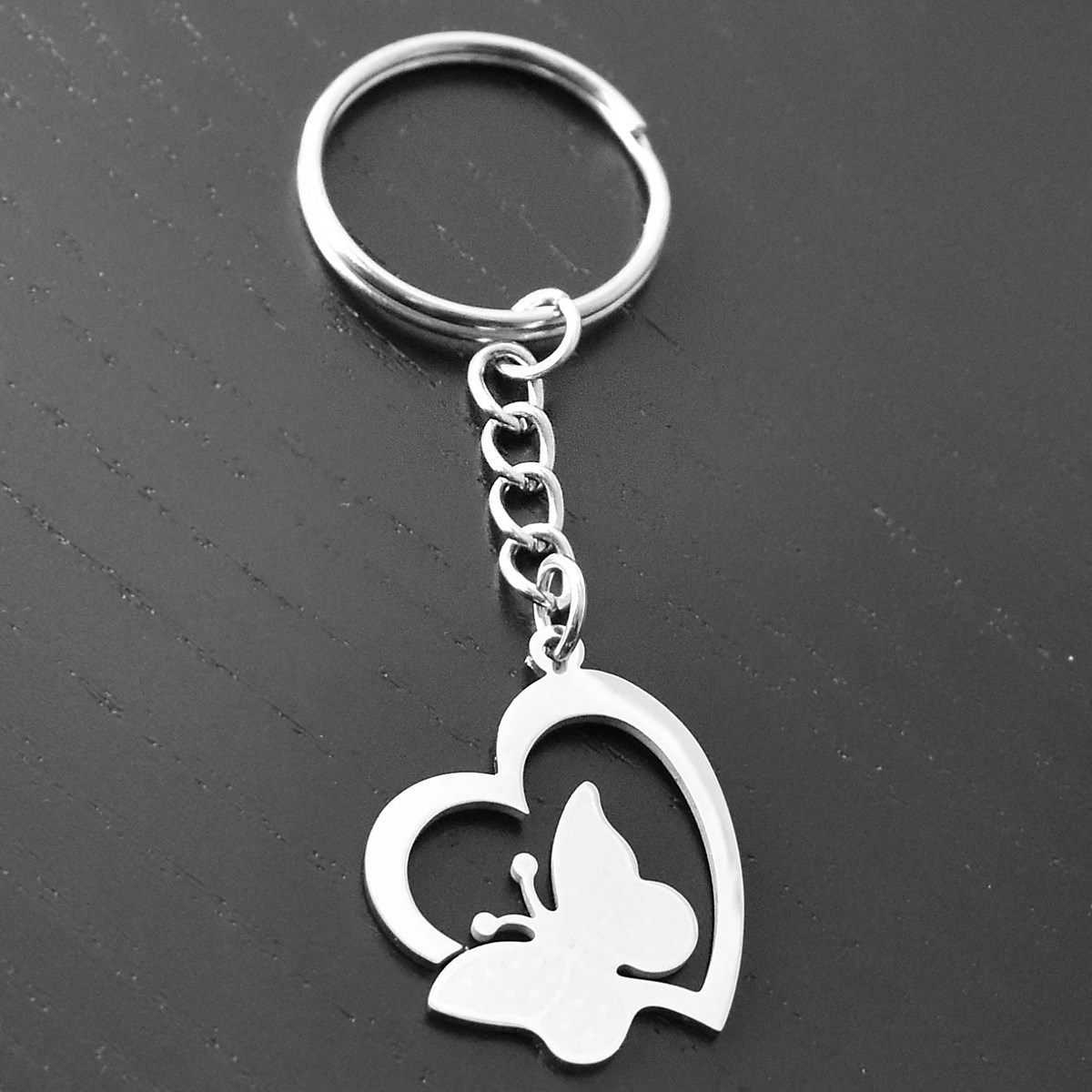 Porte-clés coeur et papillon acier