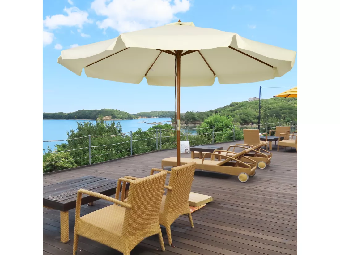 Parasol droit rond grande taille de jardin Ø 3,25 x 2,5H m bois de bambou polyester beige