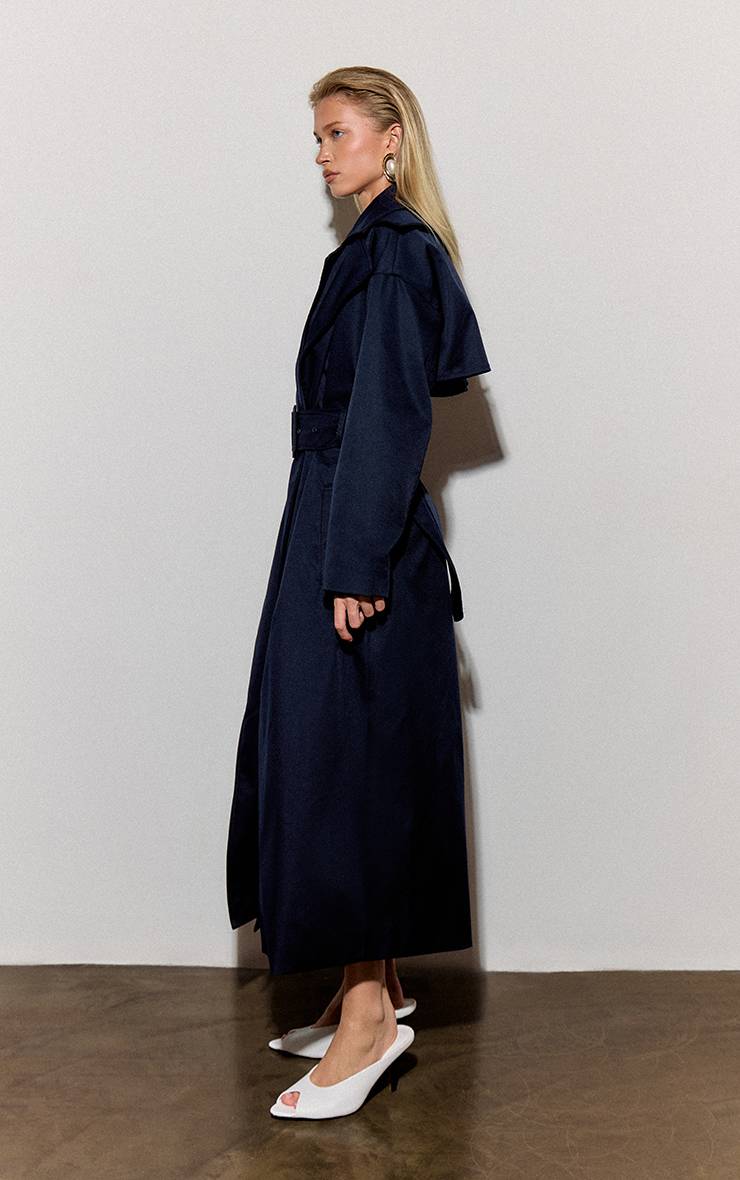 Bleu Marine Trench-coat À Double Col Avec Ceinture À Nouer À La Taille