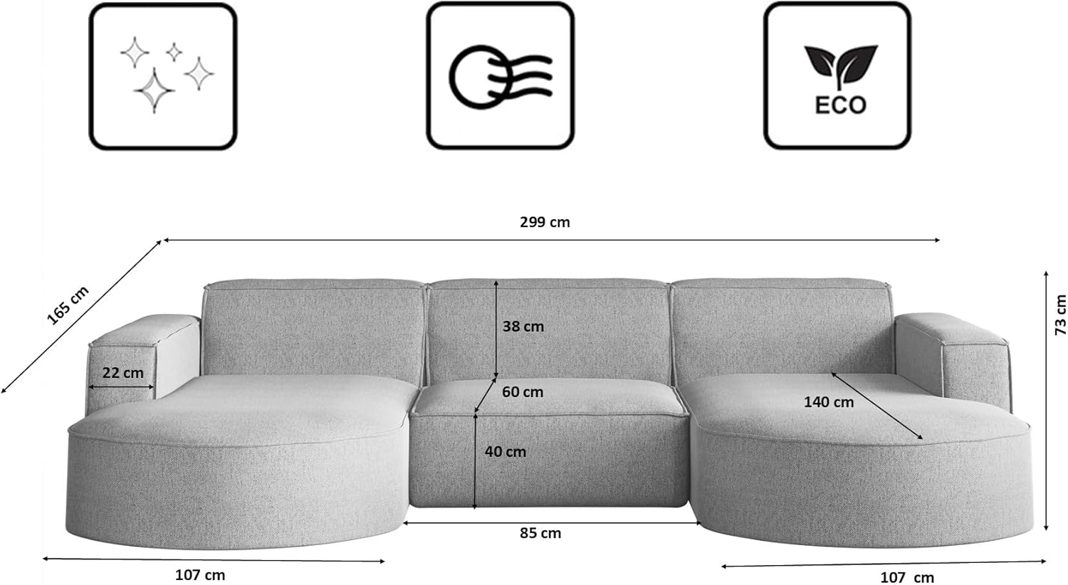 Kaiser Möbel - Ecksofa mit Wohnlandschaft, Sofa U-Form, Polstersofa, Bequemes Couch mit Ottomanen für Wohnzimmer, Relaxsofa, Bigsofa, Lounge-Set U Form, Verita Stoff, Modena U Studio, Grau