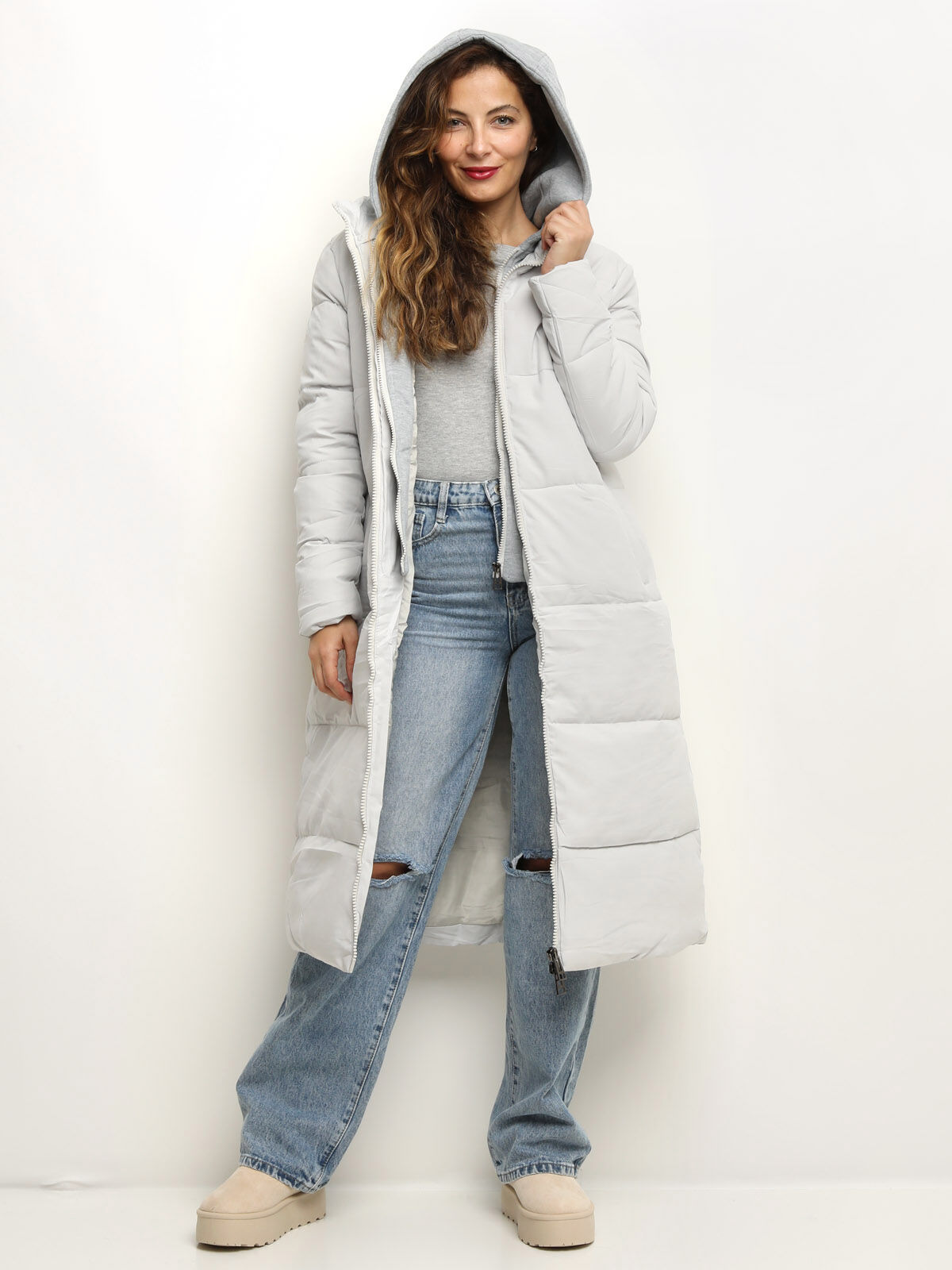 Doudoune oversize avec capuche- Gris clair