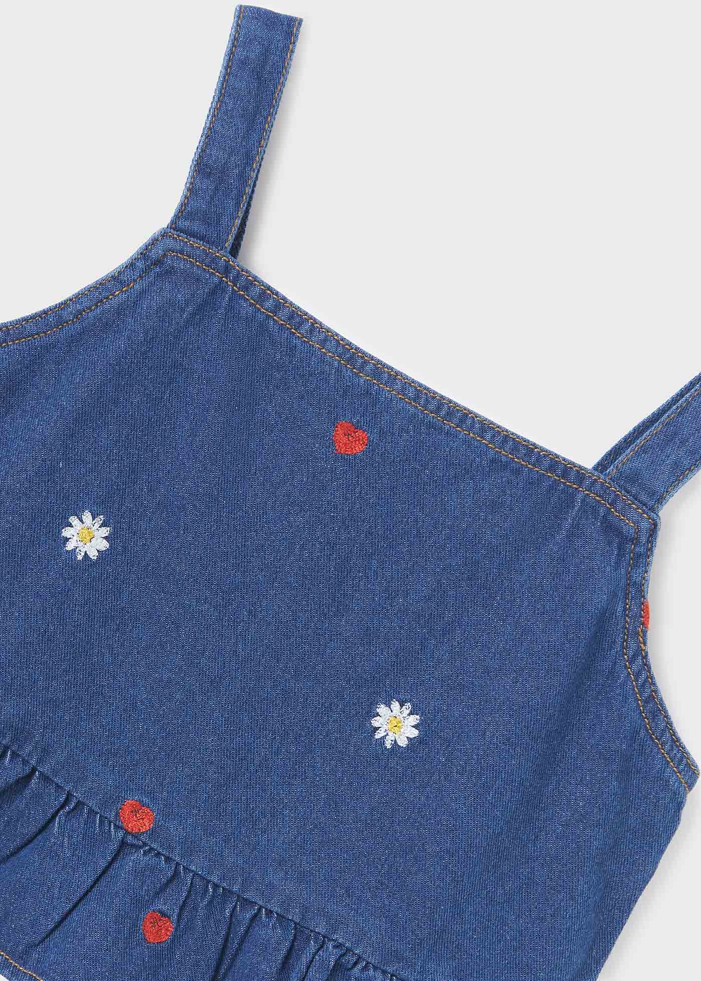 Top jeans com bordados em algodão sustentável para meninas