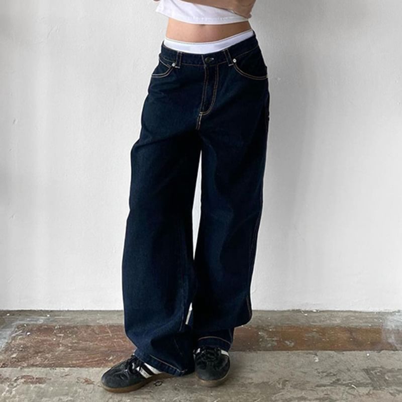 Honet - Lage taille gewassen losse wijde jeans