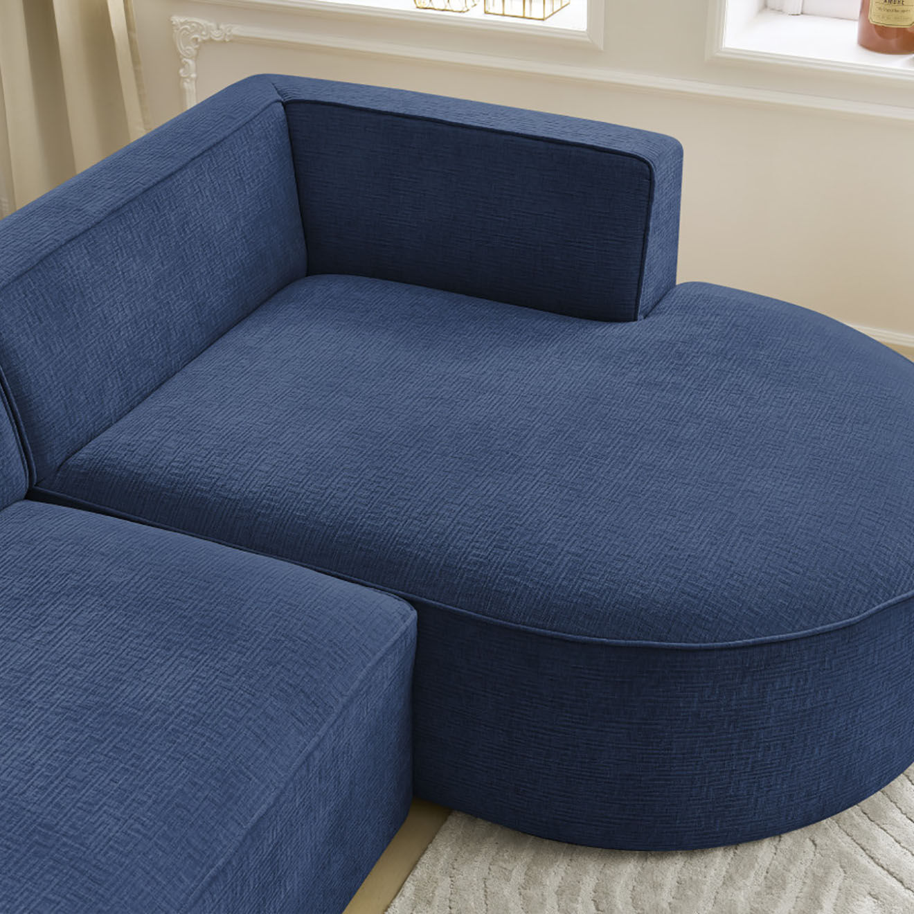 Bobochic Canapé d'angle droit fixe 4 places Rousseau texturé bleu foncé - 250x160x72 cm