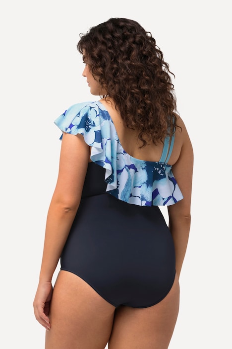 One-Shoulder-Badeanzug, Blüten, Softcups, Volant