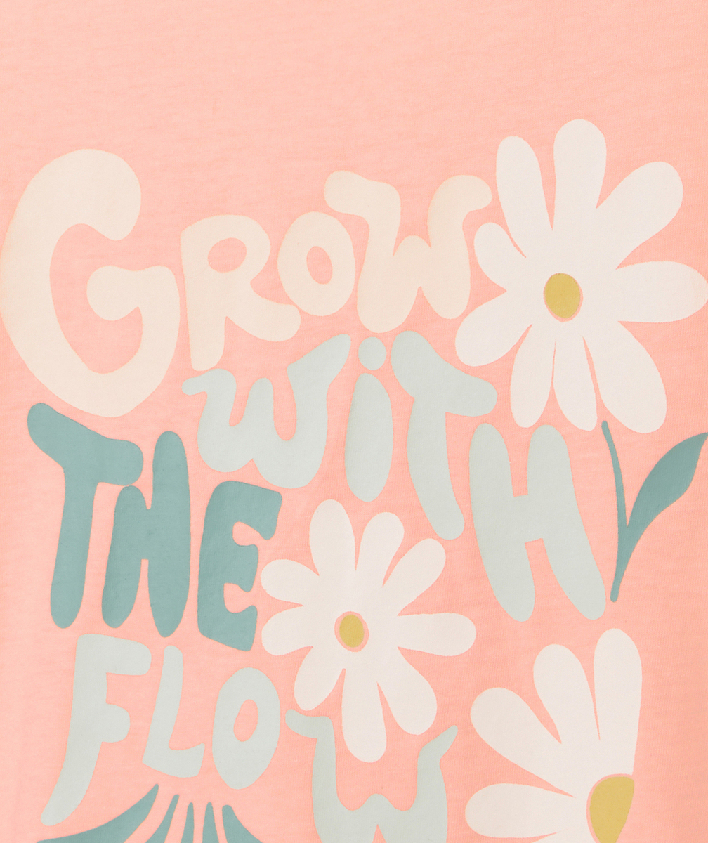 T-SHIRT FILLE EN COTON BIO ROSE NÉON AVEC MESSAGE ET FLEURS