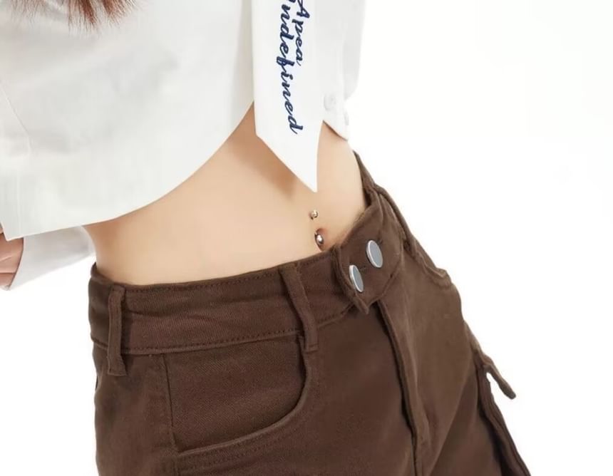 Ragistiq - Hoge taille, effen denim cargobroek met uitsparingen en gespen