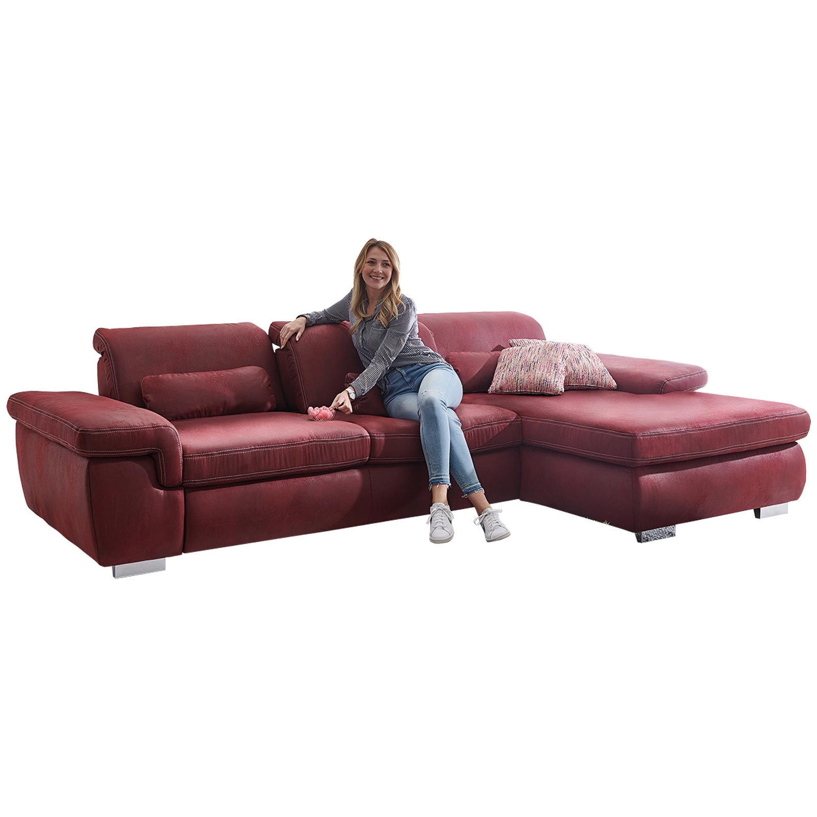 polsterpower Ecksofa - rot - Recamiere rechts - mit Sitztiefenverstellung