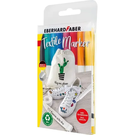 Eberhard Faber Textil Marker, 8 Stoffmalstifte in leuchtenden Farben, inklusive Schablonen