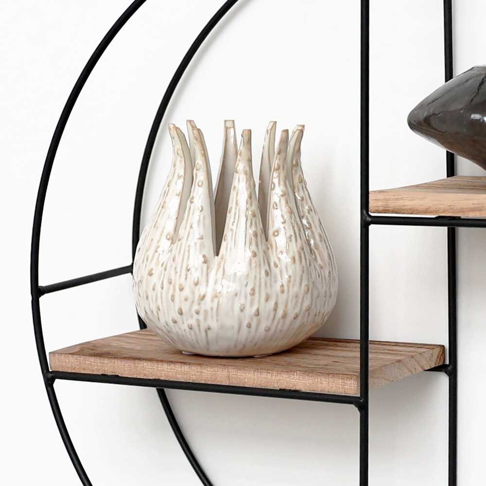 Etagère murale en métal noir - 2 planches en bois - ronde - 37x10 cm