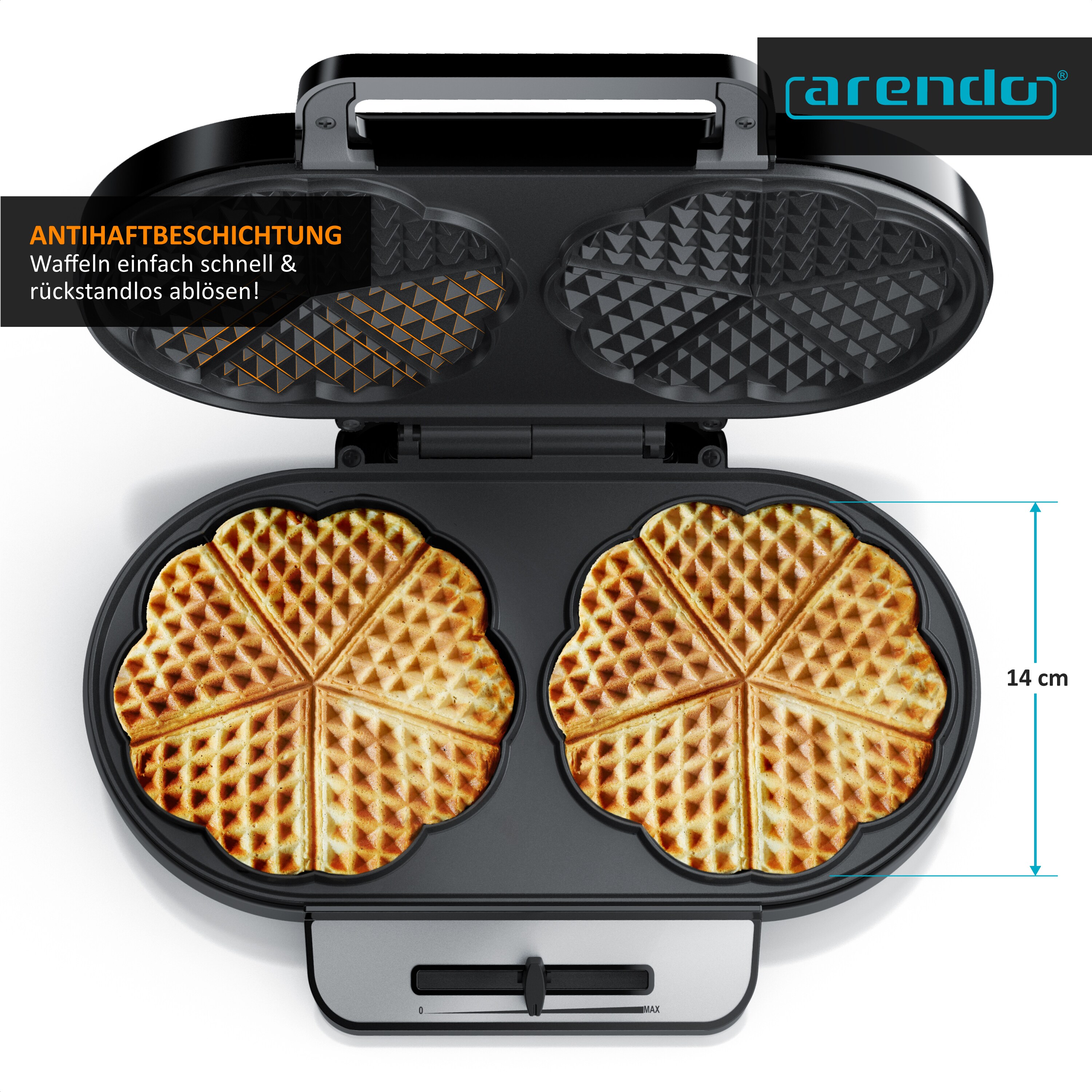 Arendo Waffeleisen 1200 Watt - Waffelautomat - 2 Waffeln à 14 cm- Antihaftbeschichtung - Herzwaffeln