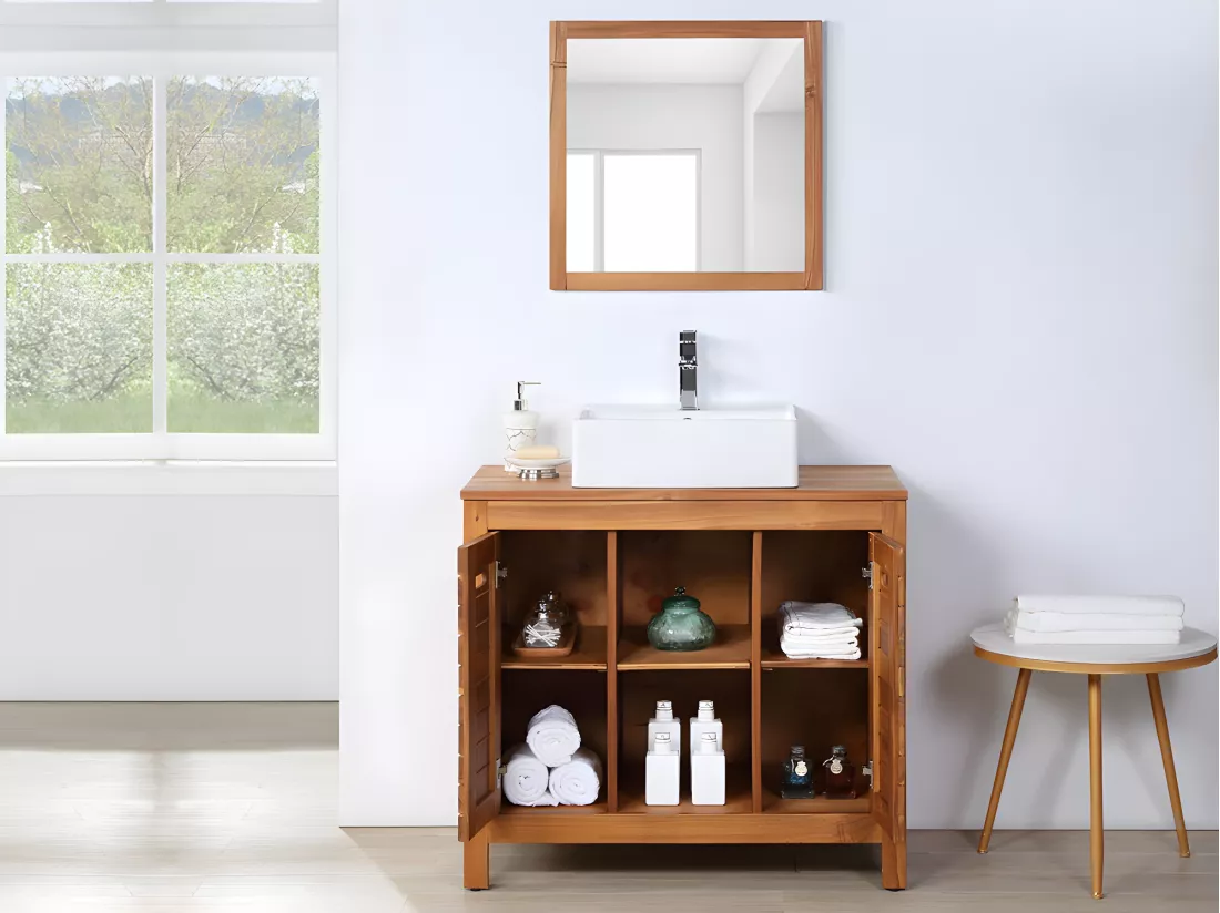 Meuble de salle de bain en bois d'acacia avec simple vasque et miroir - 90 cm - PULUKAN