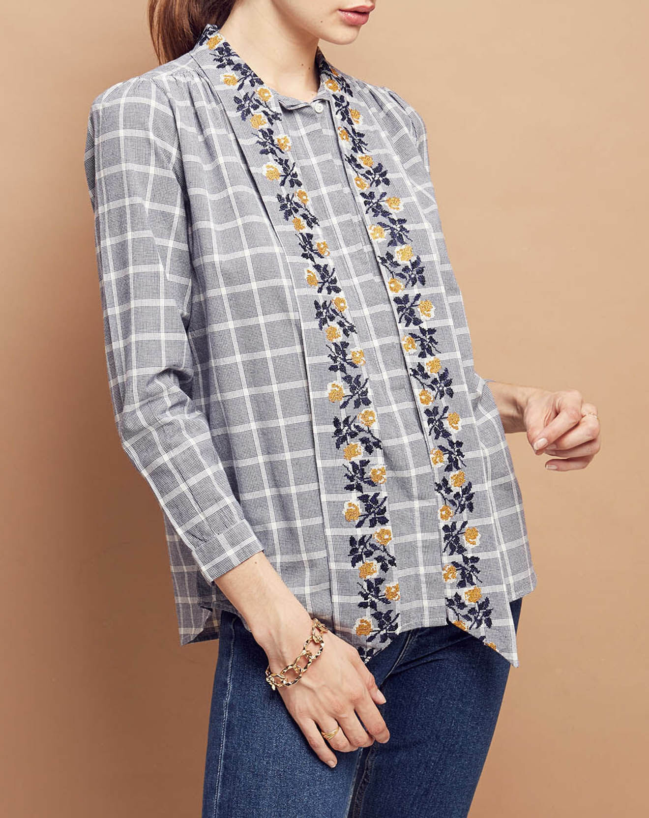 Inouitoosh Chemise Florencia en Coton à carreaux blanc/marine