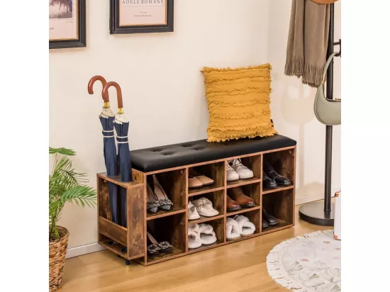 Banc à Chaussures avec Porte-Parapluie, Banc de Rangement 10 Compartiments avec Coussin Rembourré, Style Industriel, Charge 300 kg (Marron Rustique)