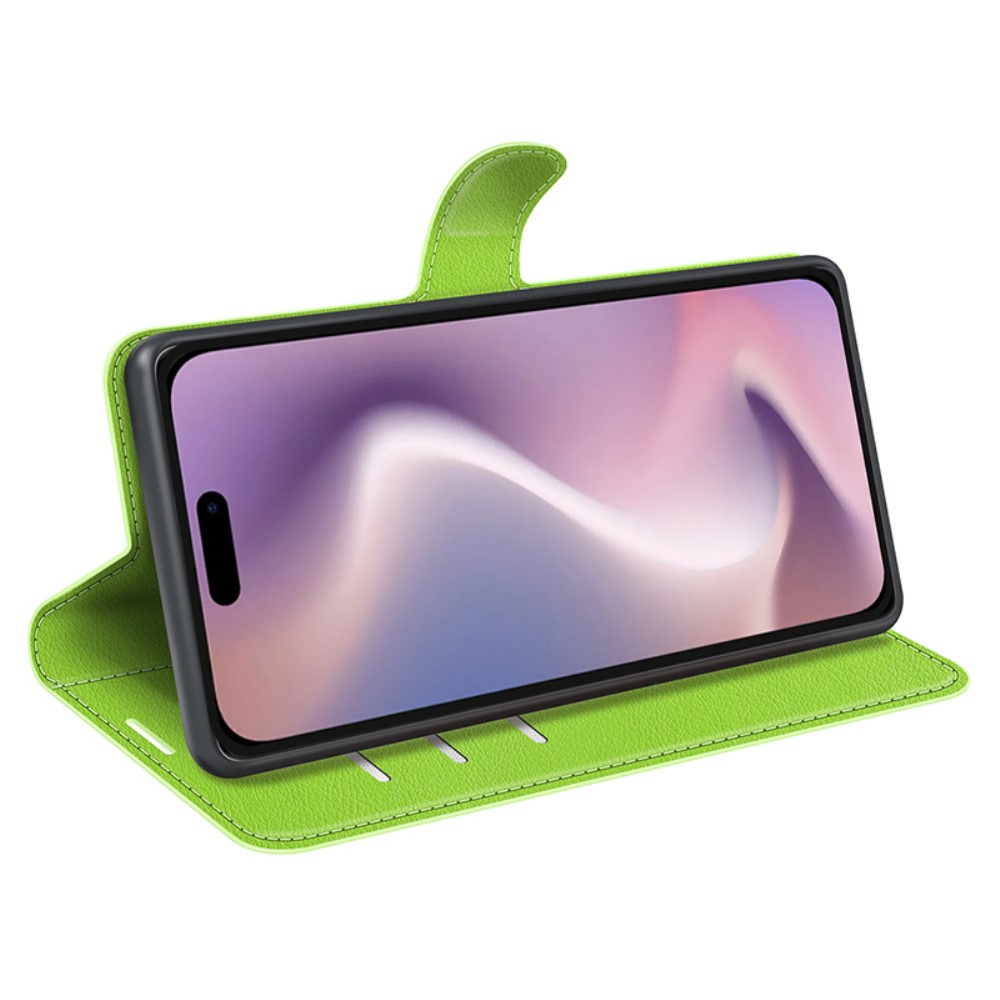 iPhone 16 Pro Leder Tasche Flip Cover Litchi Look - Grün