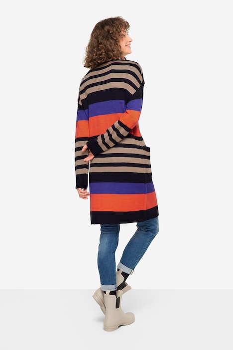 Strickjacke, längere, offene Form, farbige Ringel, Wollanteil, Langarm