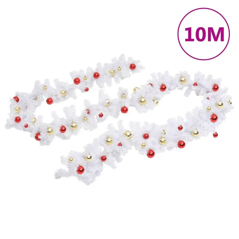 vidaXL - Kerstdecoratie kerstslinger met kerstballen 10 m - Wit - PVC