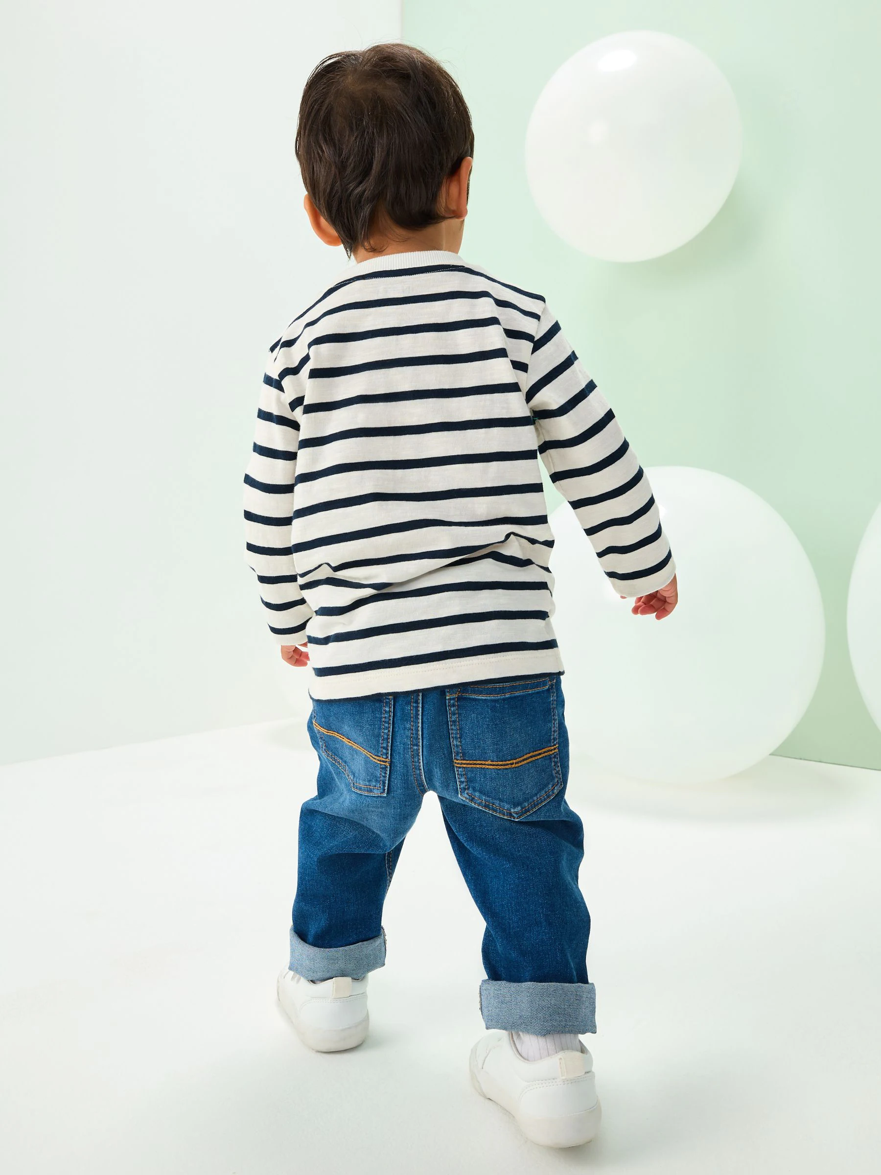 Wit/blauw Santa-applicatie - Kerst-T-shirt met lange mouwen (3mnd -7jr)